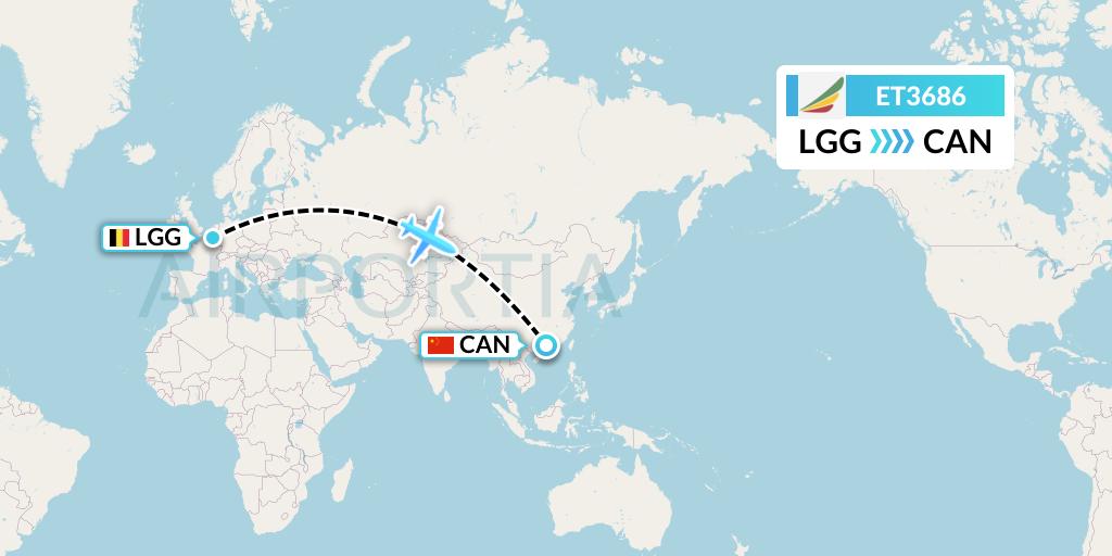 ET3686 Ethiopian Airlines Flight Map: Liege to Guangzhou
