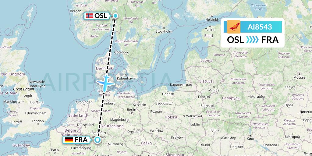 AI8543 Air India Flight Map: Oslo to Frankfurt