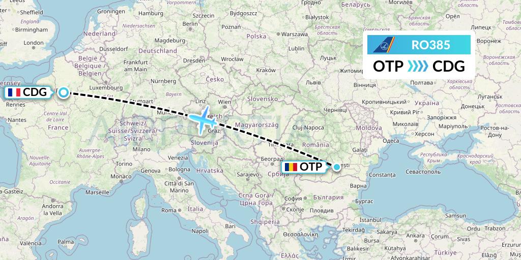 RO385 Tarom Flight Map: Bucharest to Paris