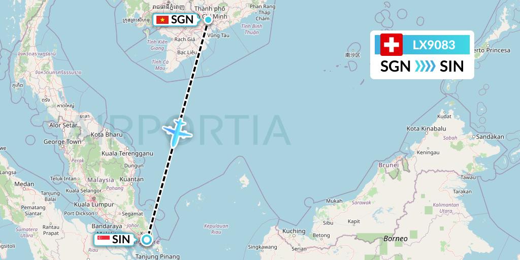 LX9083 Swiss Flight Map: Ho Chi Minh City to Singapore