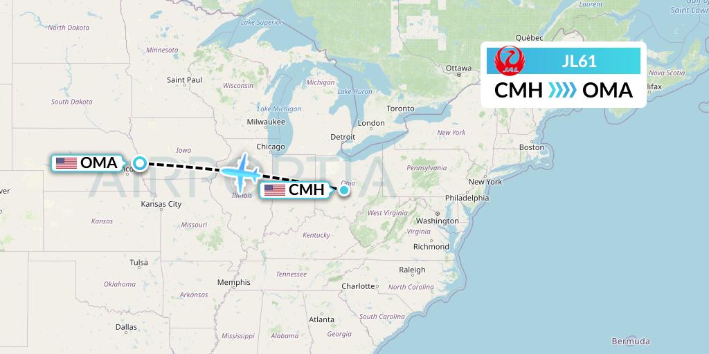 JL61 Japan Airlines Flight Map: Columbus to Omaha