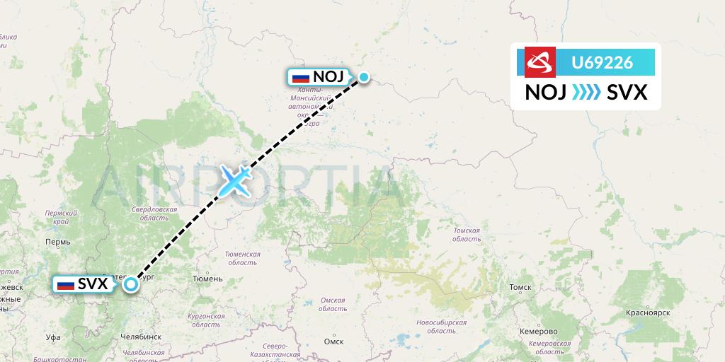 U69226 Ural Airlines Flight Map: Noyabrsk to Yekaterinburg