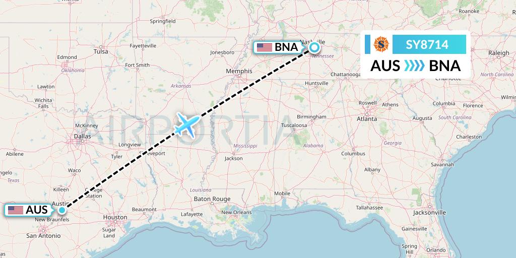 SY8714 Sun Country Airlines Flight Map: Austin to Nashville