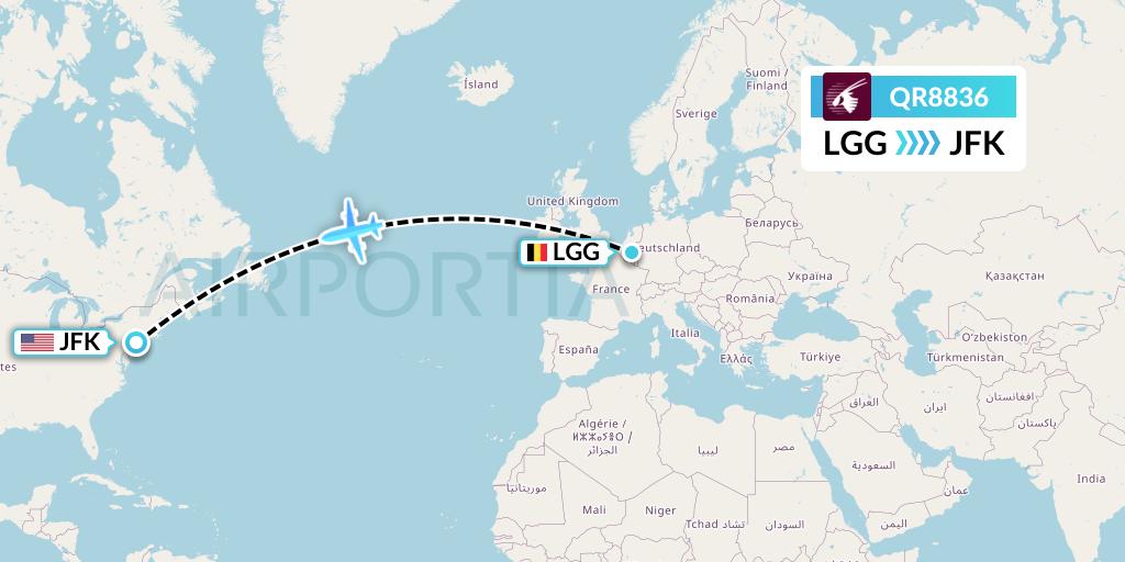 QR8836 Qatar Airways Flight Map: Liege to New York