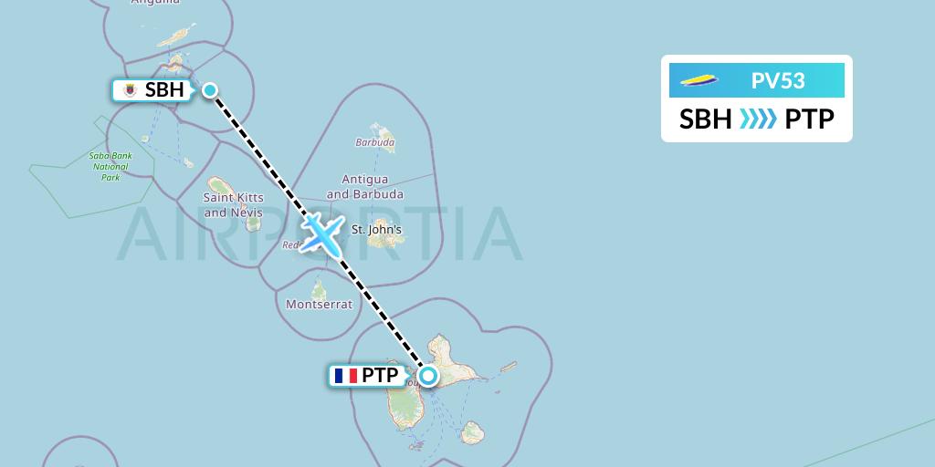 PV53 St. Barth Commuter Flight Map: St. Jean to Pointe-a-Pitre