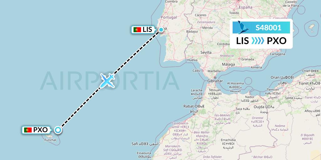 S48001 Azores Airlines Flight Map: Lisbon to Porto Santo