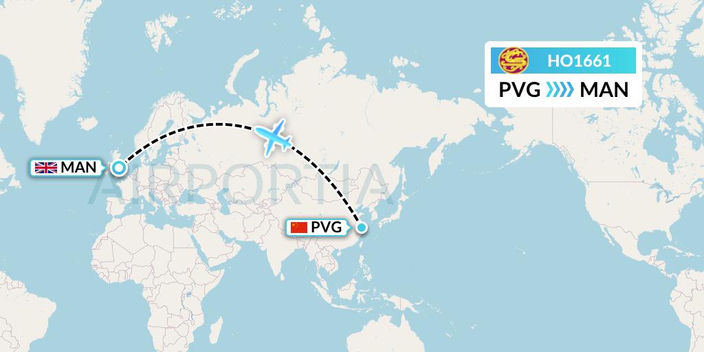 HO1661 Juneyao Airlines Flight Map: Shanghai to Manchester