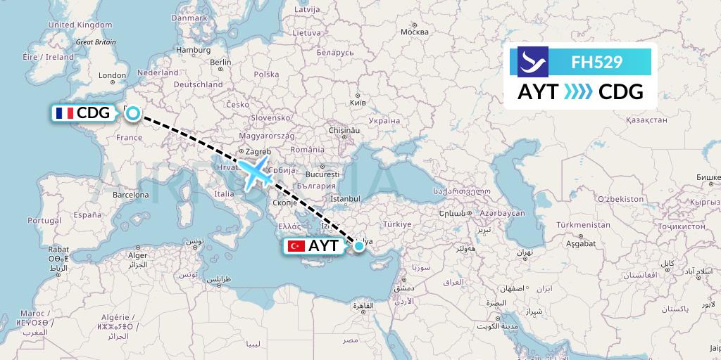 FH529 Freebird Airlines Flight Map: Antalya to Paris