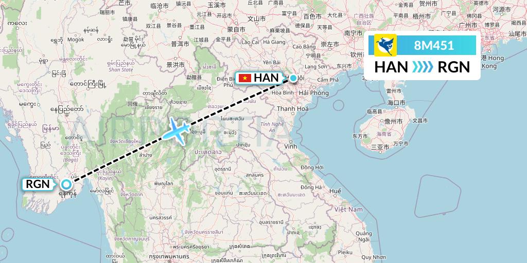 8M451 Myanmar Airways International Flight Map: Hanoi to Yangon