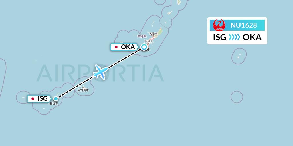 NU1628 Japan Transocean Air Flight Map: Ishigaki to Naha