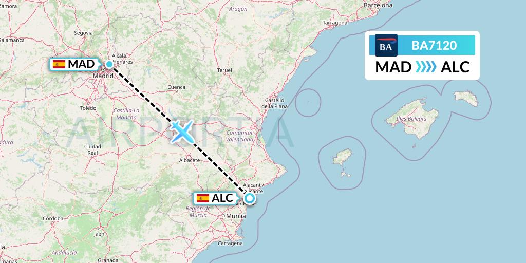 BA7120 British Airways Flight Map: Madrid to Alicante