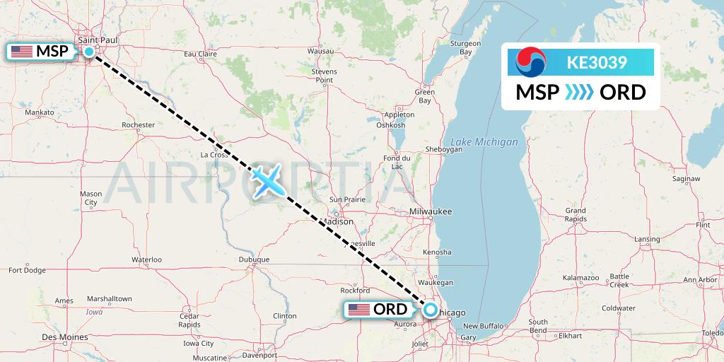 KE3039 Korean Air Flight Map: Minneapolis to Chicago