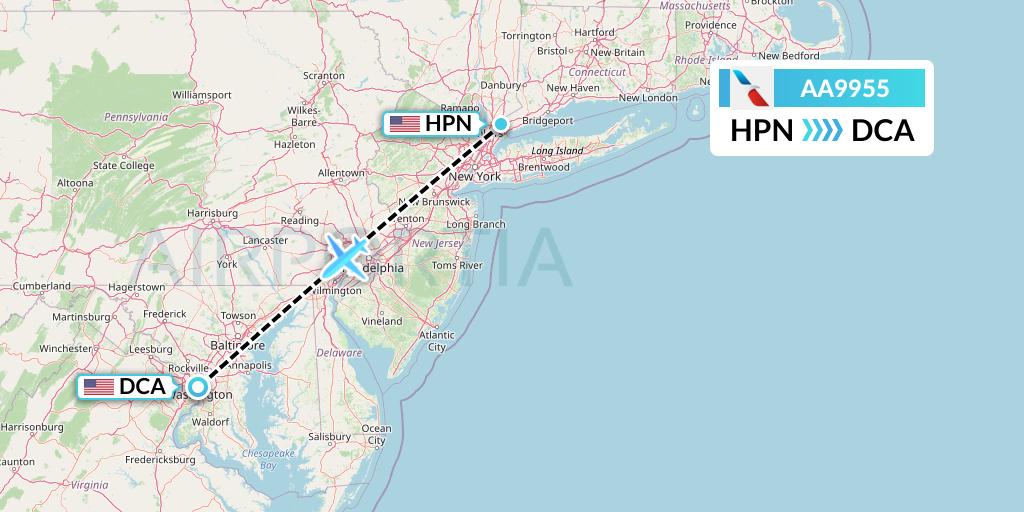 AA9955 American Airlines Flight Map: White Plains to Washington