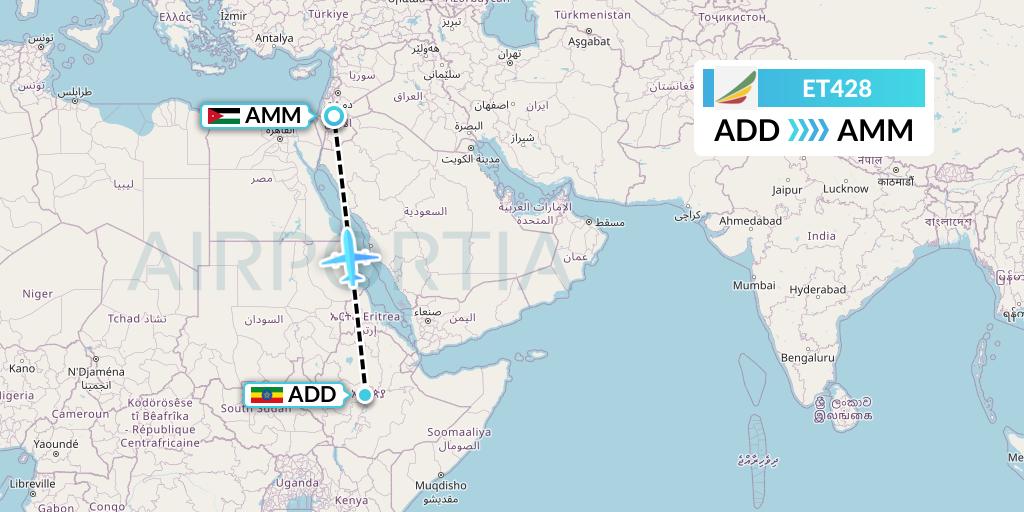 ET428 Ethiopian Airlines Flight Map: Addis Ababa to Amman