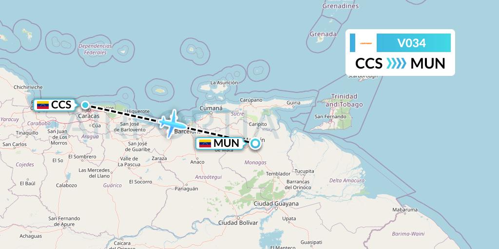 V034 Conviasa Flight Map: Caracas to Maturin