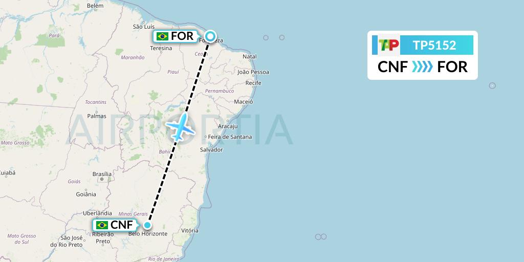 TP5152 TAP Portugal Flight Map: Belo Horizonte to Fortaleza