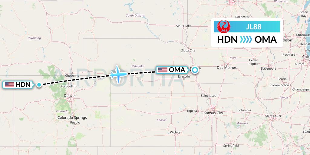 JL88 Japan Airlines Flight Map: Hayden to Omaha