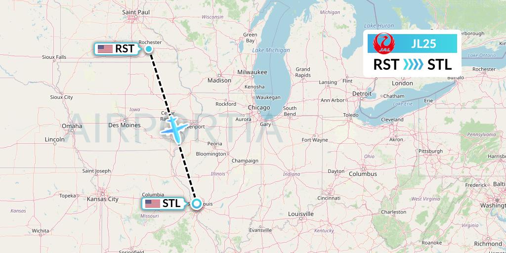 JL25 Japan Airlines Flight Map: Rochester to St. Louis