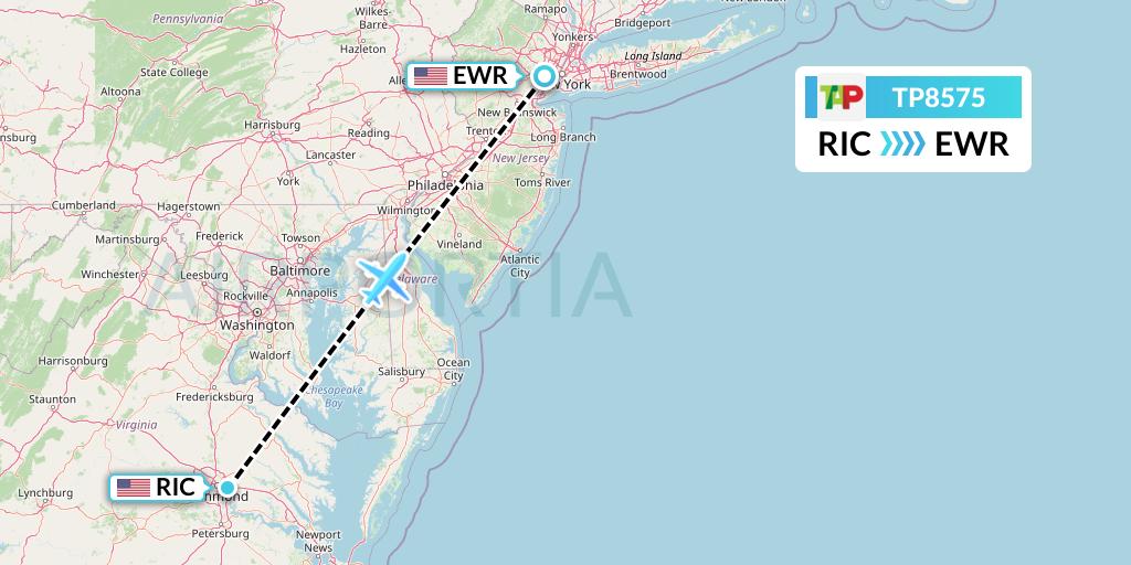 TP8575 TAP Portugal Flight Map: Richmond to New York