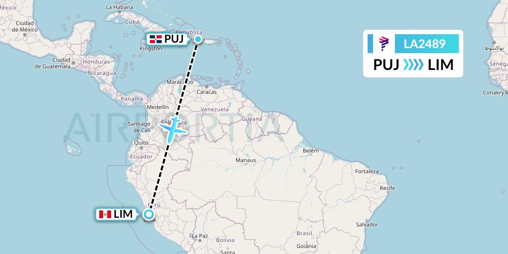 LA2489 LAN Airlines Flight Map: Punta Cana to Lima