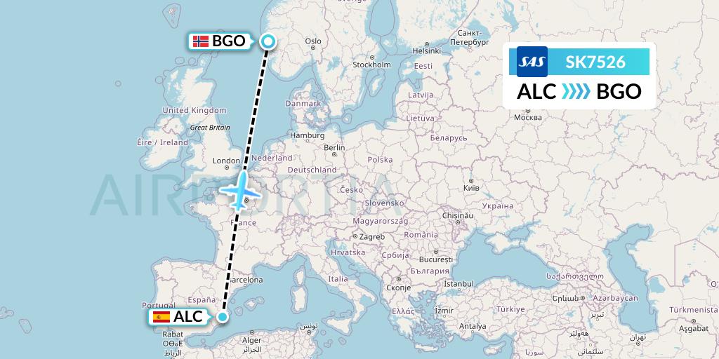 SK7526 SAS Flight Map: Alicante to Bergen