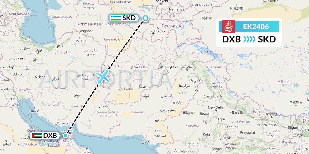 EK2406 Emirates Flight Map: Dubai to Samarkand