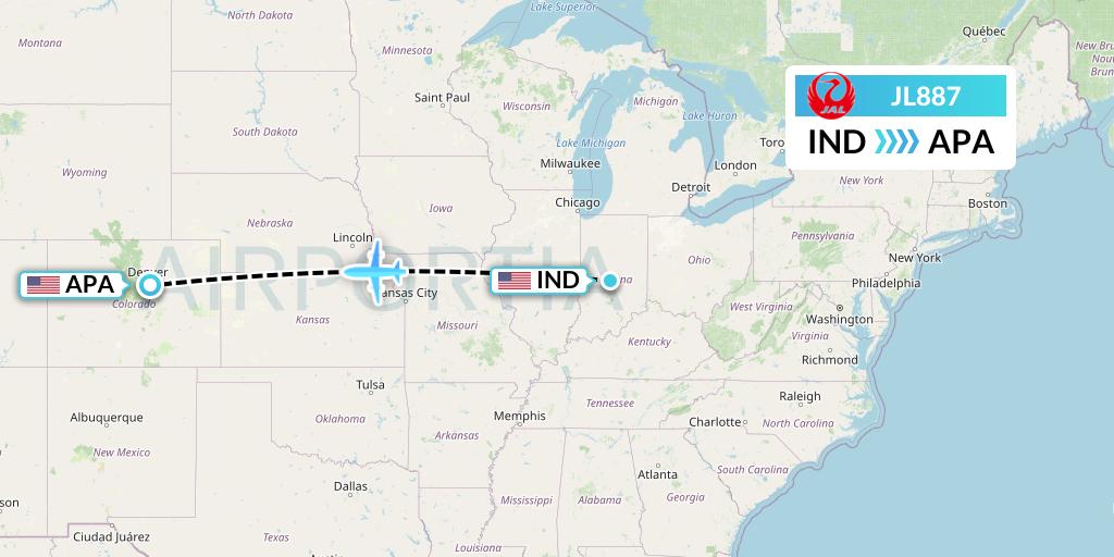 JL887 Japan Airlines Flight Map: Indianapolis to Denver