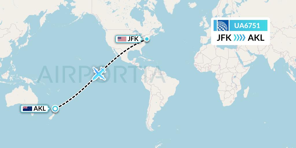 UA6751 United Airlines Flight Map: New York to Auckland