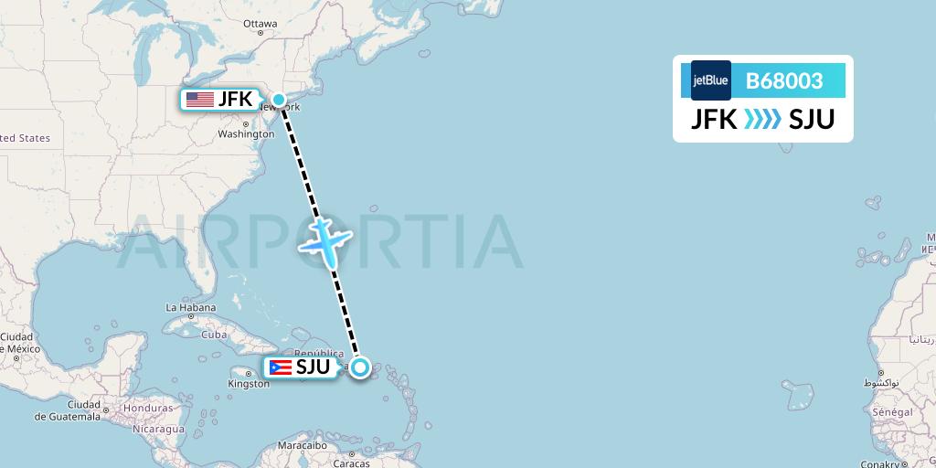 B68003 JetBlue Airways Flight Map: New York to San Juan