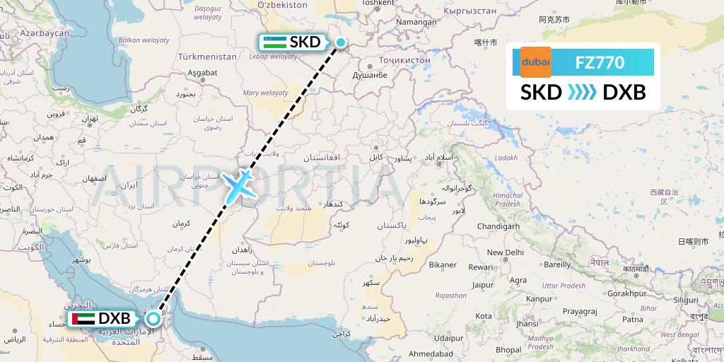 FZ770 FlyDubai Flight Map: Samarkand to Dubai