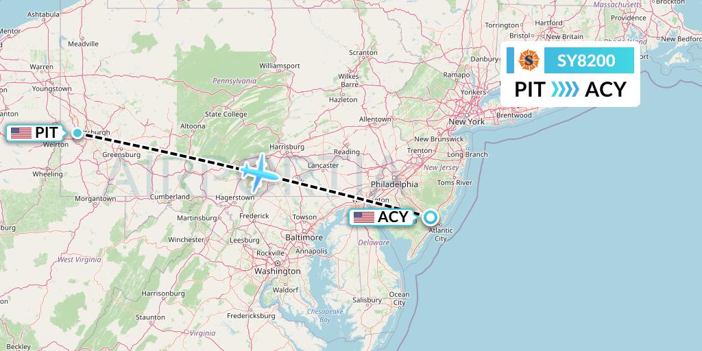 SY8200 Sun Country Airlines Flight Map: Pittsburgh to Atlantic City