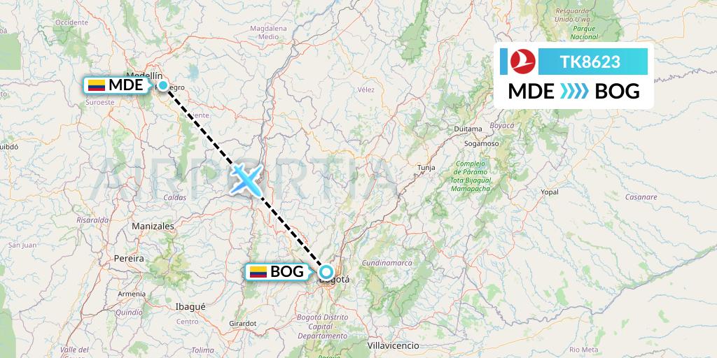 TK8623 Turkish Airlines Flight Map: Medellin to Bogota