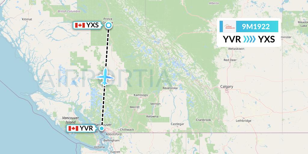 9M1922 Central Mountain Air Flight Map: Vancouver to Prince George
