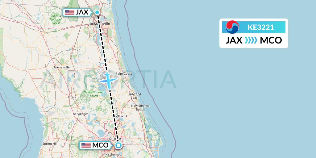 KE3221 Korean Air Flight Map: Jacksonville to Orlando