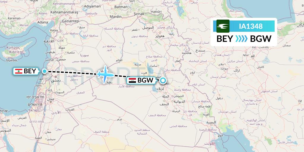 IA1348 Iraqi Airways Flight Map: Beirut to Baghdad