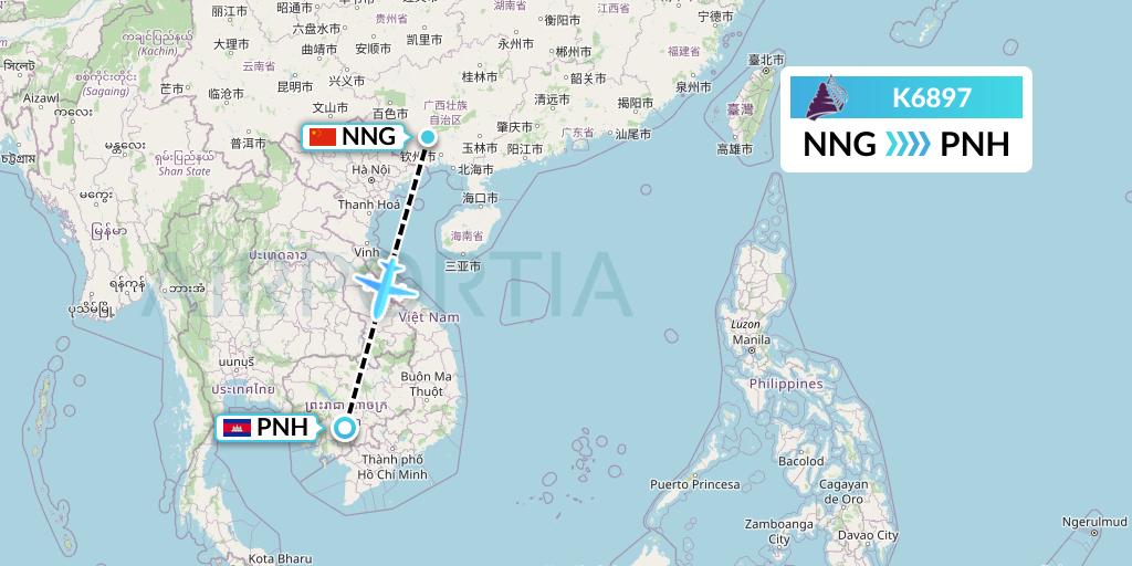 K6897 Cambodia Angkor Air Flight Map: Nanning to Phnom Penh