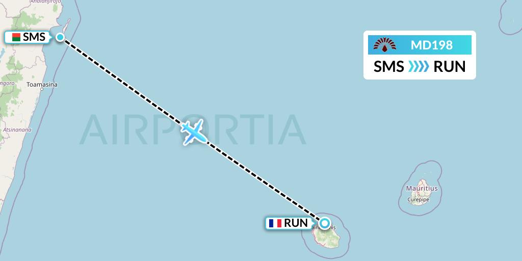 MD198 Air Madagascar Flight Map: Saint Marie to Saint-Denis
