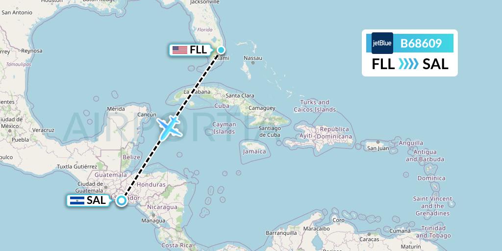 B68609 JetBlue Airways Flight Map: Fort Lauderdale to San Salvador