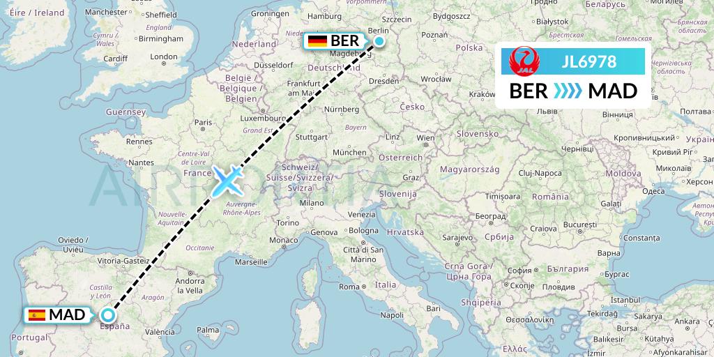 JL6978 Japan Airlines Flight Map: Berlin to Madrid