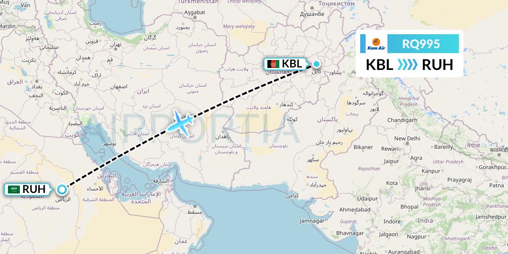 RQ995 Kam Air Flight Map: Kabul to Riyadh