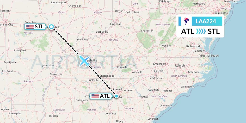 LA6224 LAN Airlines Flight Map: Atlanta to St. Louis