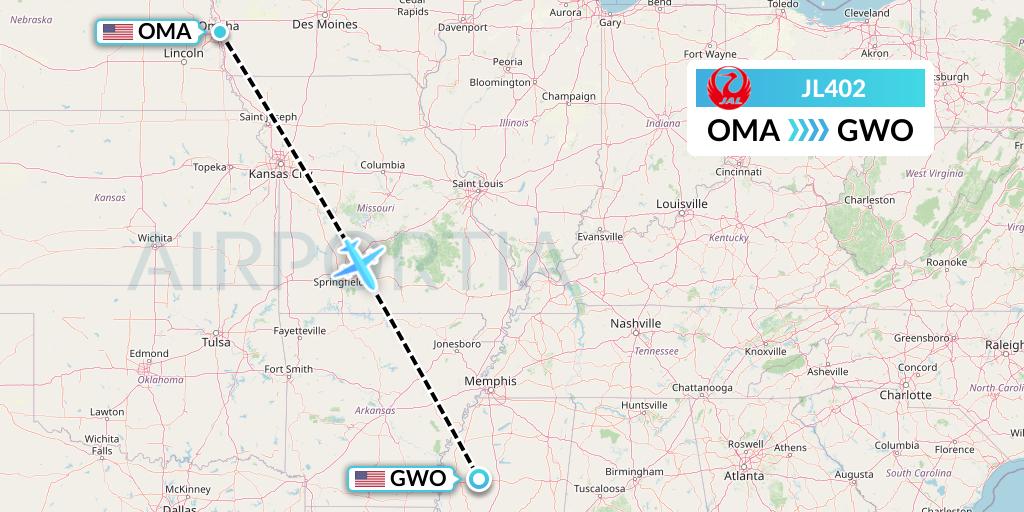 JL402 Japan Airlines Flight Map: Omaha to Greenwood