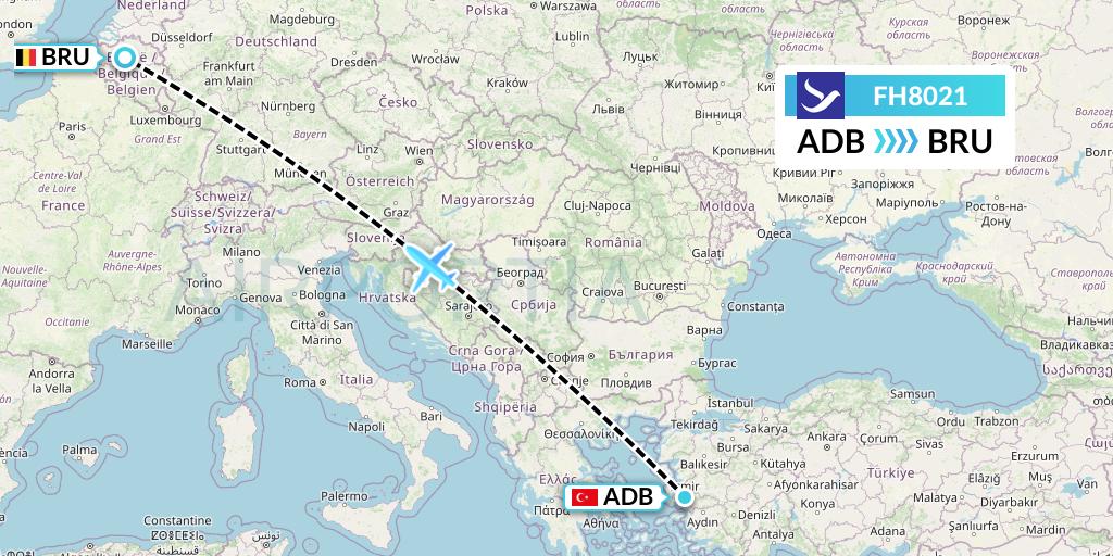 FH8021 Freebird Airlines Flight Map: Izmir to Brussels