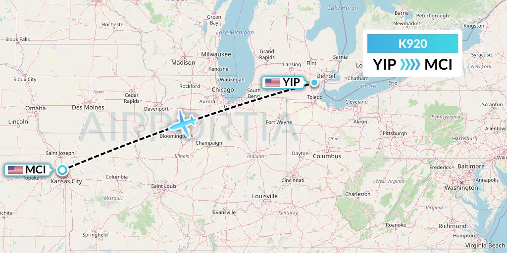 K920 Kalitta Charters Flight Map: Detroit to Kansas City