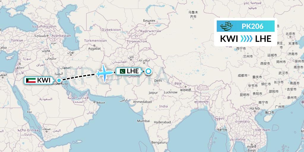 PK206 Pakistan International Airlines Flight Map: Kuwait City to Lahore