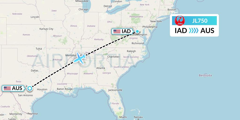 JL750 Japan Airlines Flight Map: Washington to Austin