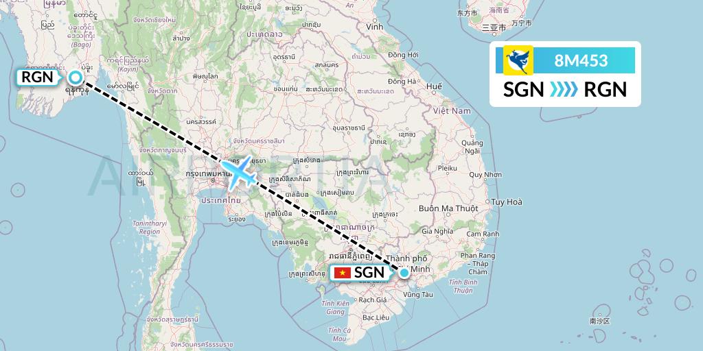 8M453 Myanmar Airways International Flight Map: Ho Chi Minh City to Yangon