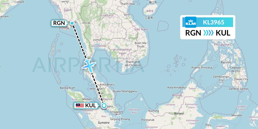 KL3965 KLM Flight Map: Yangon to Kuala Lumpur
