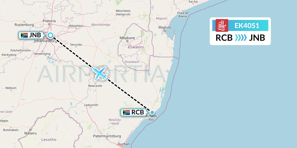 EK4051 Emirates Flight Map: Richards Bay to Johannesburg