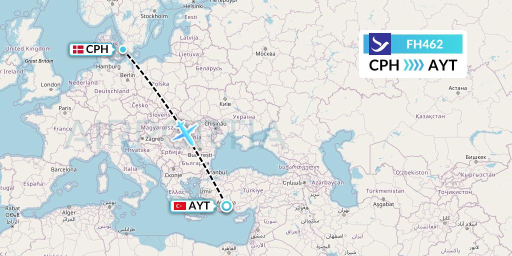 FH462 Freebird Airlines Flight Map: Copenhagen to Antalya
